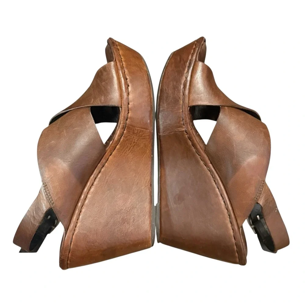 Born Brown Leather Crisscross Wedge Slingback Sandals MHG3 Womens Size 9